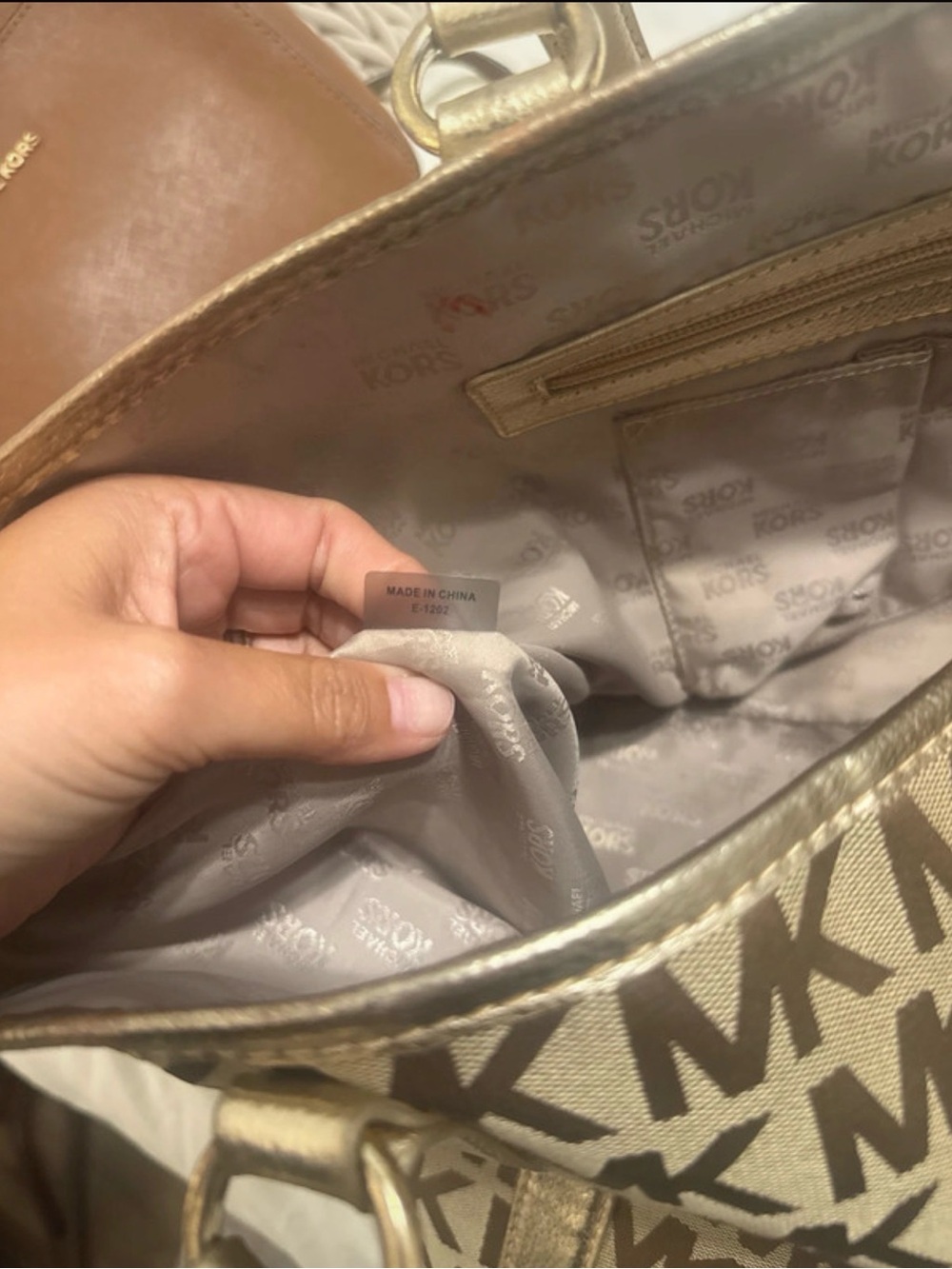 Michael Kors MK Logo Tote in Beige with Gold Trim - Picture 3 of 5